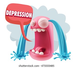 3d Rendering Sad Character Emoticon Expression saying Depression with Colorful Speech Bubble.