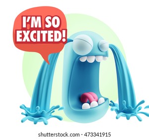 3d Rendering Sad Character Emoticon Expression saying I'm so Excited! with Colorful Speech Bubble.