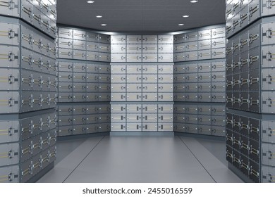 3d rendering safe deposit boxes inside bank vault interior