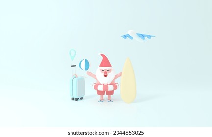 3D rendering Santa Claus on suitcase travel.magic of Summer Christmas and book a plane ticket concept. Celebrate season with festive pastel decor and embark on an imaginative journey of creativity. - Powered by Shutterstock