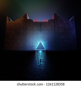 3D Rendering Of A Satanic Temple With Giant Reversed Cross On Its Front Wall And Triangle Door With Glowing Neon Light 