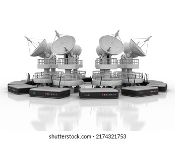 3d Rendering Satellite Dish And Spaceship With WIFI Modem
