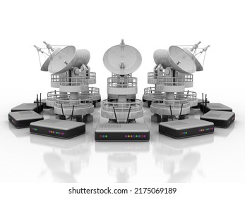 3d Rendering Satellite Dish And Spaceship With Wifi Modem
