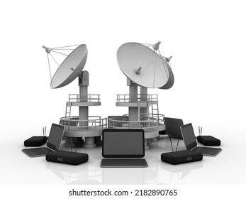 3d Rendering Satellite Dish And Spaceship Around Computer Modem Network
