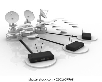 3d Rendering Satellite Dish And Spaceship With Wifi Modem
