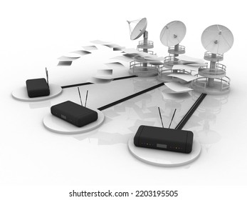 3d Rendering Satellite Dish And Spaceship With Wifi Modem
