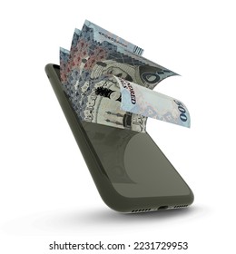 3D rendering of Saudi riyal notes inside a mobile phone. money coming out of mobile phone