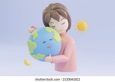 3D Rendering Save earth. woman hug the globe, Smile, happy with the moon and the sun. - Powered by Shutterstock