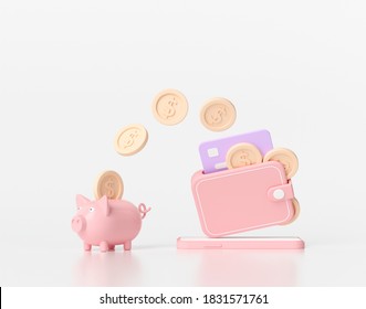 3D rendering saving money concept. money transfer to piggy bank. wallet, coins, credit card and piggy bank on white background