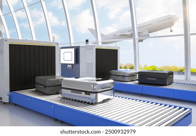 3d rendering scanner machine is scanning luggage in airport 