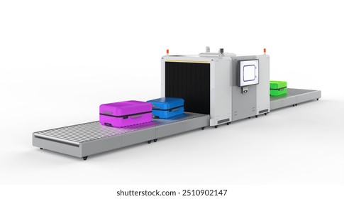 3d rendering scanner machine is scanning luggage in airport 