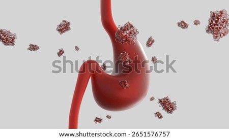 A 3d rendering of scattered leptin molecules and human stomach. The stomach is releasing hormones like leptin sends signals to brain, then influences your eating habits.