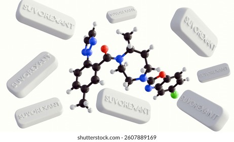 A 3d rendering of scattered oblong tablets has the word "SUVOREXANT", interspersed with its molecular structure.