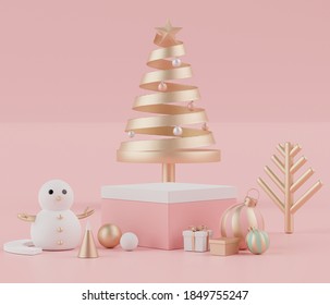3d rendering scene of Christmas holiday concept decorate with tree and displays podium or pedestal for mock up and products presentation. Abstract simple geometric shapes.