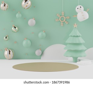3d rendering scene of Christmas holiday concept decorate with tree and displays podium or pedestal for mock up and products presentation. Abstract simple geometric shapes.
