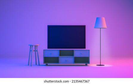 3d Rendering, Scene Of Living Room On Night Time With Empty TV,  Lamp And Chair Mock Up, Minimal Style Room Interior Design, Neon Lighting And Color Background.