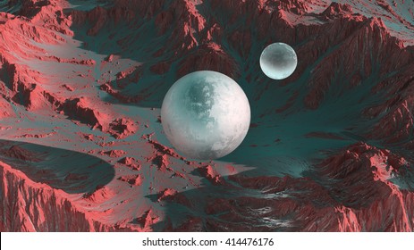 3d Rendering Of Scenic Mountains Landscape On An Alien Planet. Sci Fi Mountains Of Mars With Desert Red Soil. Abstract Levitating Monolith Spheres.
