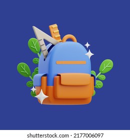 3d rendering of school backpack icon illustration with ruler, back to school