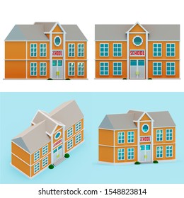 3d rendering school building, 4 views set on isolated background