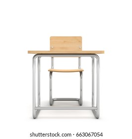 3d Rendering Of A School Desk And Chair Both Are Made Of Iron And Light Wood Isolated On White Background. Teaching Class. Students And Pupils. Furniture For School.