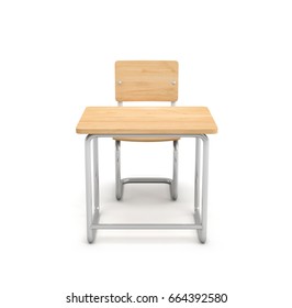 3d Rendering Of A School Desk And Chair Both Are Made Of Iron And Light Wood Isolated On White Background. Teaching Class. Students And Pupils. Furniture For School.