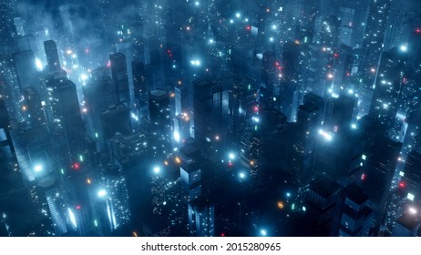 3D Rendering Of Sci Fi City Aerial View. Sky Scrapper Buildings With Many Glowing Lights From Led And Advertising Signs. For Wallpaper, Product Background