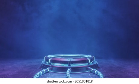 3D Rendering Of Sci Fi Mech Circle Shape Pedestal With Glowing Led Light And Grunge Dark Fog And Cloud Background. For Hi Tech Product Display, Big Data, Computer Hardware, Ai, Crypto