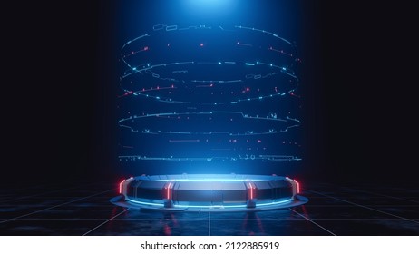 3D Rendering Of Sci Fi Mech Circle Shape Pedestal With Glowing Led Futuristic Rings And Grunge Dark Fog And Cloud Background. For Hi Tech Product Display, Big Data, Computer Hardware, Ai, Crypto