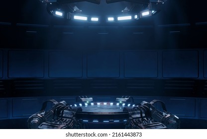 3D Rendering of sci fi pedestal in scientific laboratory with mechanical robot arms holder and ceiling light. For technology product, crypto currency, computer or high tech background - Powered by Shutterstock