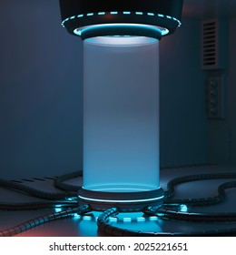 3D Rendering Of Sci Fi Theme Laboratory Glass Tube. Concept For High Tech Background, Cryogenic Tank, Wallpaper