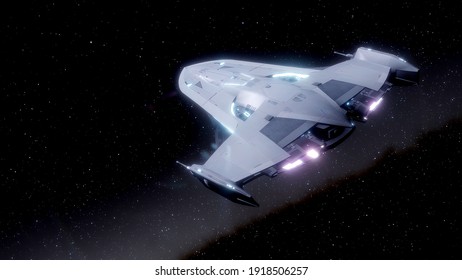 3D Rendering Of A Science-fiction Space Ship Cruising Through Out The Cosmos And Outer-space, Exploring The Final Frontier.