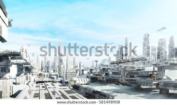 3d 渲染科幻幻想概念城市景观与运输未来冬城库存插图