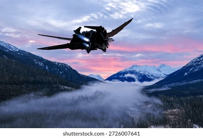 A 3d Rendering Sci-fi Space Ship. Background from BC, Canada. High-tech aircraft glides over a snowdusted valley as pink and blue sunset lights the clouds.