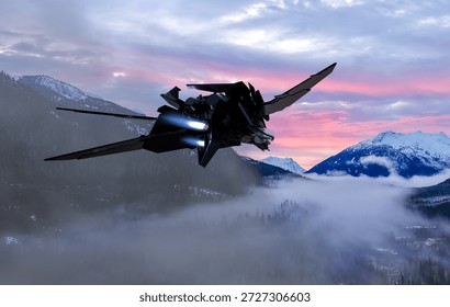 A 3d Rendering Sci-fi Space Ship. Background from BC, Canada. High-tech aircraft glides over a snowdusted valley as pink and blue sunset lights the clouds.