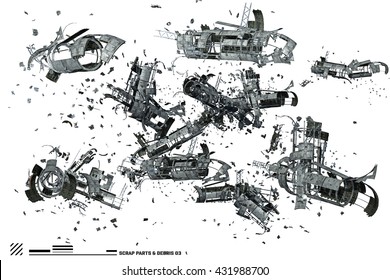  3D Rendering Of Scrap Space Ship Parts And Debris 3