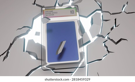 A 3D rendering of a sealed graded trading card slab crashing forcefully into a surface, causing an impact crater with flying debris and spreading ground cracks.