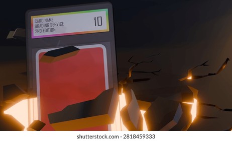 A 3D rendering of a sealed graded trading card slab crashing forcefully into a surface, causing an impact crater with flying debris and spreading ground cracks.