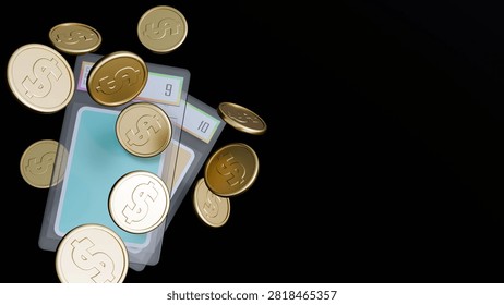 A 3D rendering of sealed graded trading card slabs floating alongside metallic gold dollar coins. The authentication and condition ratings directly translate into financial value and cash liquidity.