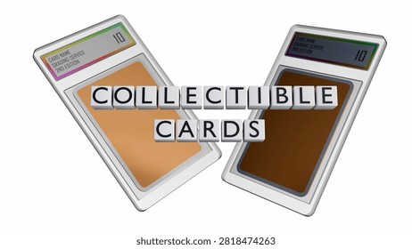 A 3D rendering of sealed graded trading card slab and square tile blocks spell out the bold text 