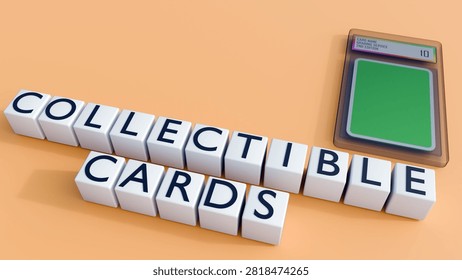 A 3D rendering of sealed graded trading card slab and square tile blocks spell out the bold text 