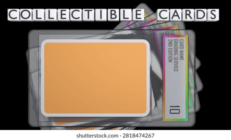 A 3D rendering of sealed graded trading card slab and square tile blocks spell out the bold text 