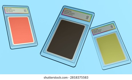 A 3d rendering of sealed slab cases with graded labels. The importance of condition, authentication, and preservation in modern trading card collecting and gaming culture.