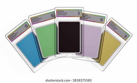 A 3d rendering of sealed slab cases with graded labels. The importance of condition, authentication, and preservation in modern trading card collecting and gaming culture.