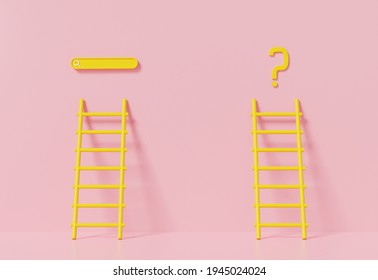 3d rendering search bar idea target, Ladder yellow business development and Question mark concept. on isolated pink background with shadow