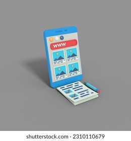 3d rendering of search engine website on phone