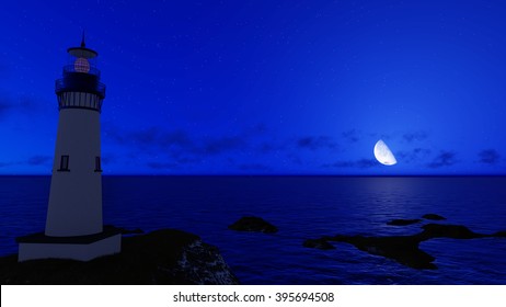 3d rendering Seascape at sunset. Lighthouse on the coast 2