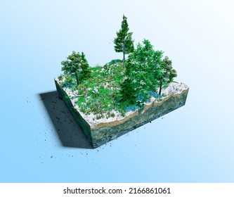 3d Rendering Of Section Cut Out Of Snowy Green Forest Island. Isolated On Blue Background. Micro World.