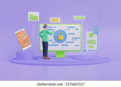 .3d rendering security system on cloud computing technology.Data security concept.Data security protection.Concept for web page, banner, presentation, social media, documents, cards, posters.
