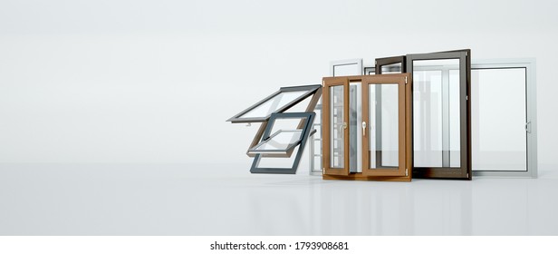 Representación 3D de una selección de ventanas de diferentes tipos y estilos
