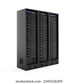 A 3D rendering of a server rack isolated on a white background.